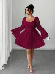 Elenzga 大码女式蕾丝方领长袖短款聚会/约会连衣裙 - 酒紅色 - 查看 3