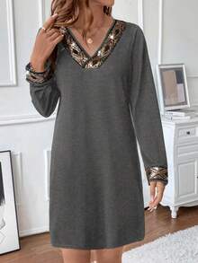 LanaWest V-Neck Dress With Sequins Trim On Collar And Cuffs - Grey - View 4