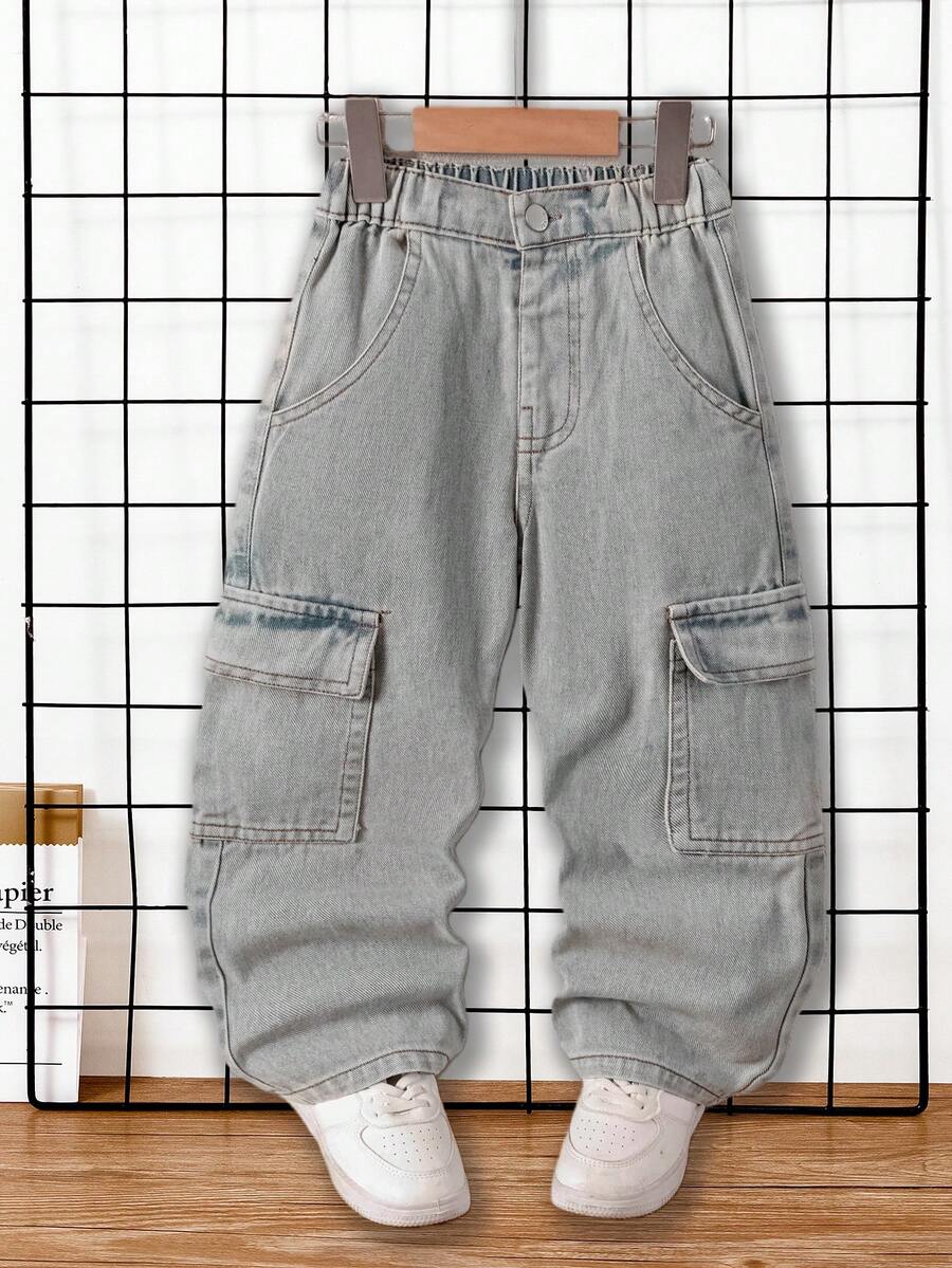 男童休闲宽松直筒撞色缝线工装牛仔裤 - 淺色水洗藍 - 查看 1
