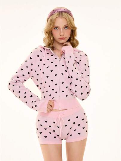 ROMWE Avant Conjunto de 2 piezas de suéter con cárdigan y shorts con diseño de corazón retro lindo para mujer
