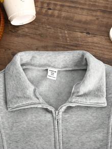 SHEIN 少女款前拉链长袖简约短款卫衣，休闲日常穿着，毕业季长袖上衣，返校季必备 - 淺灰色 - 查看 5