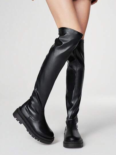 Women's Black Elastic Boots, Dark Rock Punk Goth Style, Platform Thick Sole Motorcycle Boots, Leather Riding Over-The-Knee Boots