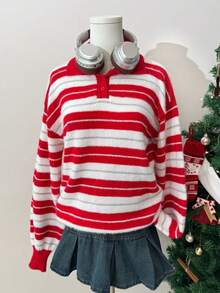 SHEIN Unity Maglione lavorato a maglia rosso a righe con collo a polo, ampio, articolo essenziale per Natale, inizio scuola, autunno/inverno, caldo e confortevole per uso quotidiano e domestico - Rosso - Visualizzare 6