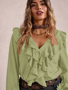 Freevana 大码女式纯色长袖时尚度假风荷叶边衬衫 - 橄欖綠 - 查看 5