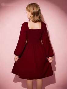 Tween Girls' Long Sleeve A-Line Dress, Halloween Casual Elegant Cute Maxi Dress, White Short Dress, Suitable For Spring, Summer, Autumn, Outdoor, Vacation, School Dark Red Dress Teen Girls Burgundy Girl Dress Maroon Dress For Girl Teen Girls Elegant Long Sleeve Dresses Puff Sleeve Dress - Burgundy - View 2