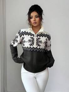 SHEIN Elenzya 优雅女士毛衣，费尔岛图案，撞色拉链毛衣，圣诞图案，秋冬毛衣 - 灰色 - 查看 5