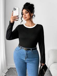 Elenzga Plus Size Women Casual Round Neck Long Sleeve T-Shirt With Bowknot Back - Black - View 3
