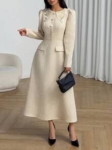 Modelyn Women's Autumn Long Sleeve Apricot Tweed Collar Faux Pocket Button Waist A-Line Elegant Dress - Apricot - View 3