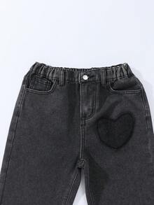 SHEIN ChillGRL Modne, szerokie jeansy dla nastolatek z haftowanym serduszkiem i przetarciami, w stylu vintage Y2K, idealne na nieformalne wyjścia, do szkoły, na spotkania, do domu, na wakacje i na powrót do szkoły - Ciemnoszary - Zobacz 4