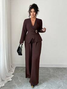 Elenzga Dwuczęściowy komplet damski w rozmiarze plus size, z długim rękawem, w stylu francuskim, swobodny i elegancki, z teksturowanego szyfonu, jesień/zima