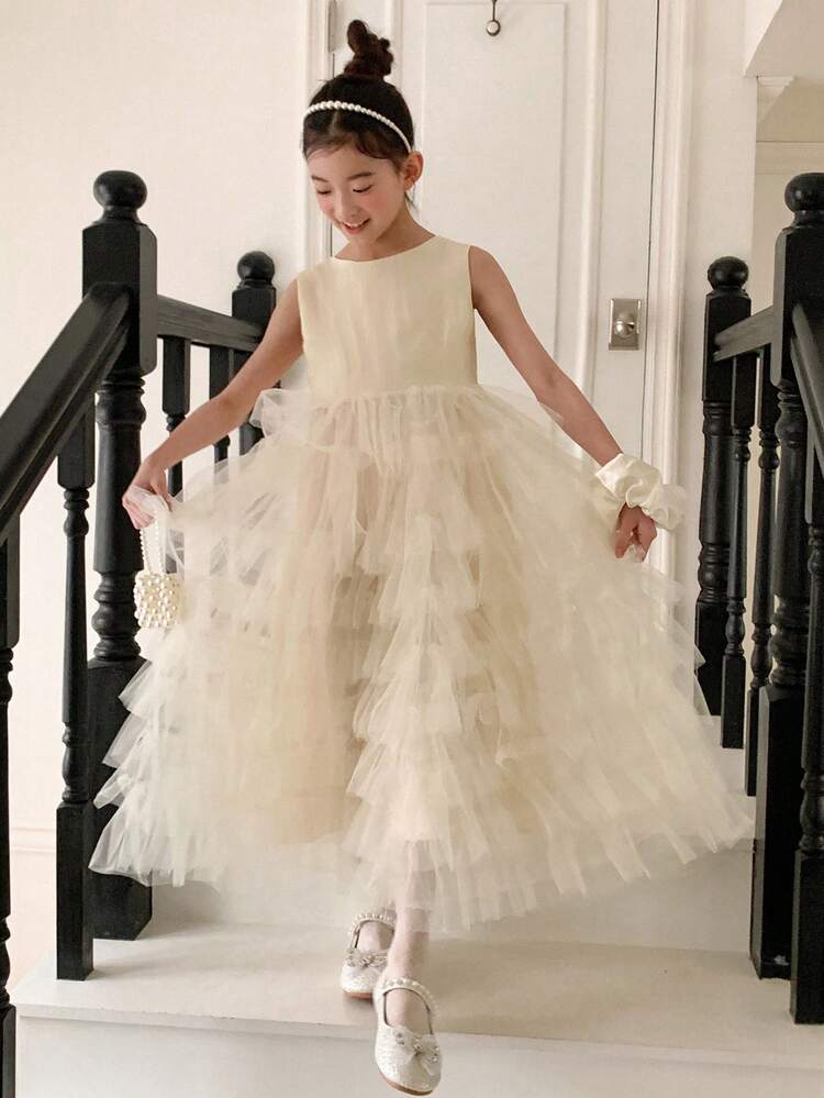 Tween Girl Elegant Solid Color Multi-Layer Tulle Patchwork Party Dress