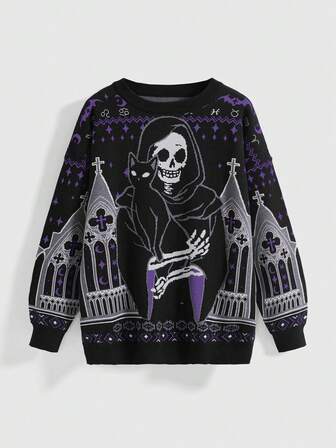 Pull ample en tricot jacquard avec crâne gothique, chat noir mystérieux et croix