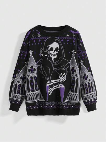Goth Gothic Skull, Mysterious Black Cat, Cross Jacquard Knit Loose Pullover Sweater