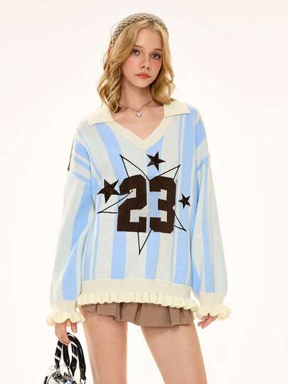 Suéter con cuello de estrella de cinco puntas, a rayas, de color azul claro, estilo deportivo y dulce, kawaii y lindo