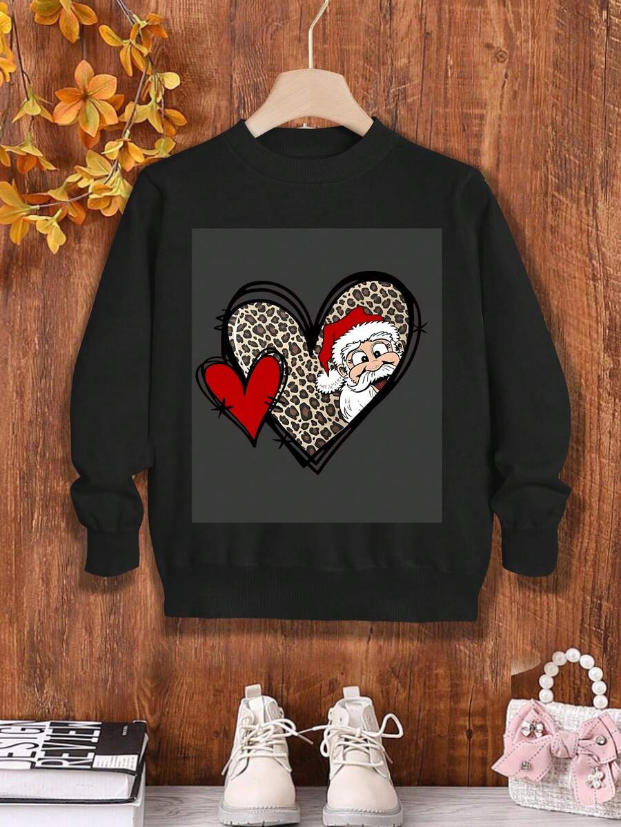可爱少女圣诞豹纹心形和圣诞老人图案针织毛衣，青少年舒适休闲装，圣诞节 - 黑色 - 查看 1