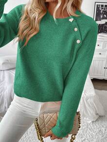 SHEIN Tall 女式不对称领扣毛衣 - 綠色 - 查看 3