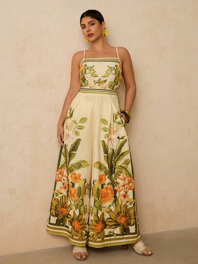 Travachic Plus Size Elegant Tropical Floral Print Sleeveless Jumpsuit With Pockets For Women, Suitable For Holiday & Beach
