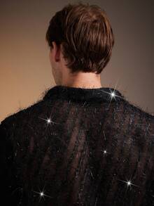 FeverCity Men's Sexy Mesh Patchwork Front Button Long Sleeve Shirt - Black - View 6