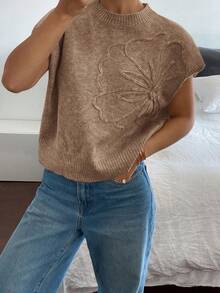 Siren Gaze Áo thun dệt kim tay ngắn trơn jacquard dành cho nữ - Cà phê nâu - Xem 4