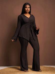 Veslaya 春夏加大码女装休闲/热带度假/公路旅行/城市之旅纯色卡其色翻领系带喇叭袖开衫搭配松紧腰阔腿裤两件套，优雅大方，适合各种身材。 - 巧克力棕 - 查看 7