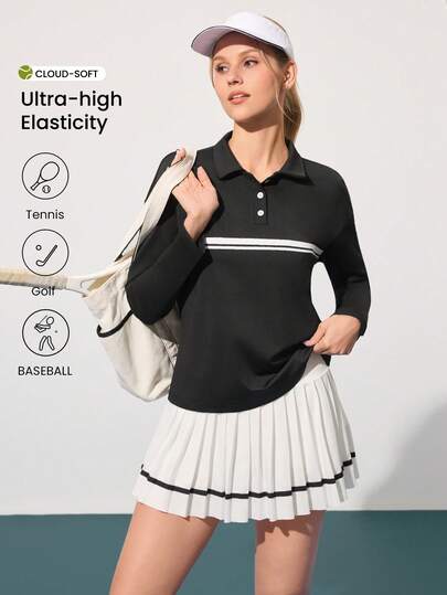 CourtClass Women's Contrast Color Long Sleeve Sports Polo Shirt Tennis Top Long Sleeve Tennis Top Pleated Tennis Skirt Golf Tops For Woman