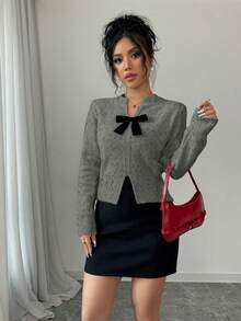 Rafferiza 新款蝴蝶结V领短款套头衫，柔软优雅 - 深灰色 - 查看 7