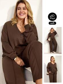 Momelise Setelan Sweatshirt dan Celana Kasual Warna Polos untuk Wanita Ukuran Besar, Musim Gugur/Musim Dingin - Coklat - View 1