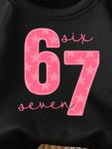 Young Girl Cozy Fall & Winter Styles Casual Fashion Creative Personalized Fresh Simple Cute Number 67 Pentagram Letter Slogan Graphic Print Comfortable Pullover Sweatshirt, Suitable For Autumn/Winter - Black - View 5