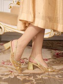 CUCCOO TILAWA Women's Elegant Square Heel Rhinestone Pointed Toe Silver High Heel Pumps, Suitable For Banquet, Party, Wedding And Other Occasions For Christmas - Gold - View 2