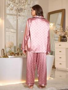 SHEIN MuseNap CURVE Plus Size Faux Silk Jacquard Heart Embroidery Pocket Loose Fit Long Sleeve Top And Pants Pajama Set, Light Pink, Fall & Winter Clothes - Dusty Pink - View 3