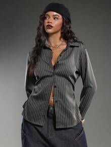 Normani Fashionable Commuter Dark Grey Striped Woven Women's Shirt - Dark Grey - View 1