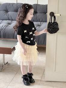 DAZY 2 Stücke/Set Süßes Outfit für Kleine Mädchen mit Schleifendekor, bestehend aus schlankem Kurzarm T-Shirt + Tüllrock, Herbst - Schwarz - Übersicht 2