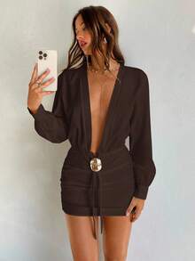 Aloruh Váy ngắn tay dài xếp ly màu trắng cổ chữ V sâu gợi cảm dành cho nữ mùa thu/đông mới - Cà phê nâu - Xem 3