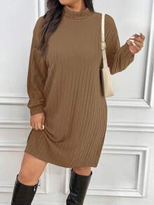 SHEIN Frenchy Plus Size Solid Color High Neck Drop Shoulder Long Sleeve Loose Ribbed Knit Dress - Khaki - View 2