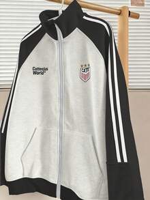 Lalippa 女士插肩袖字母印花拉链前襟休闲宽松口袋卫衣 - 彩色 - 查看 3