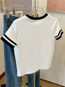 Resyla Camiseta de mujer/Estampado de patrón de unicornio/Artesanía de bordado/Camiseta holgada casual de mujer de cuello redondo con contraste de color/Sudadera de moda/Primavera y verano