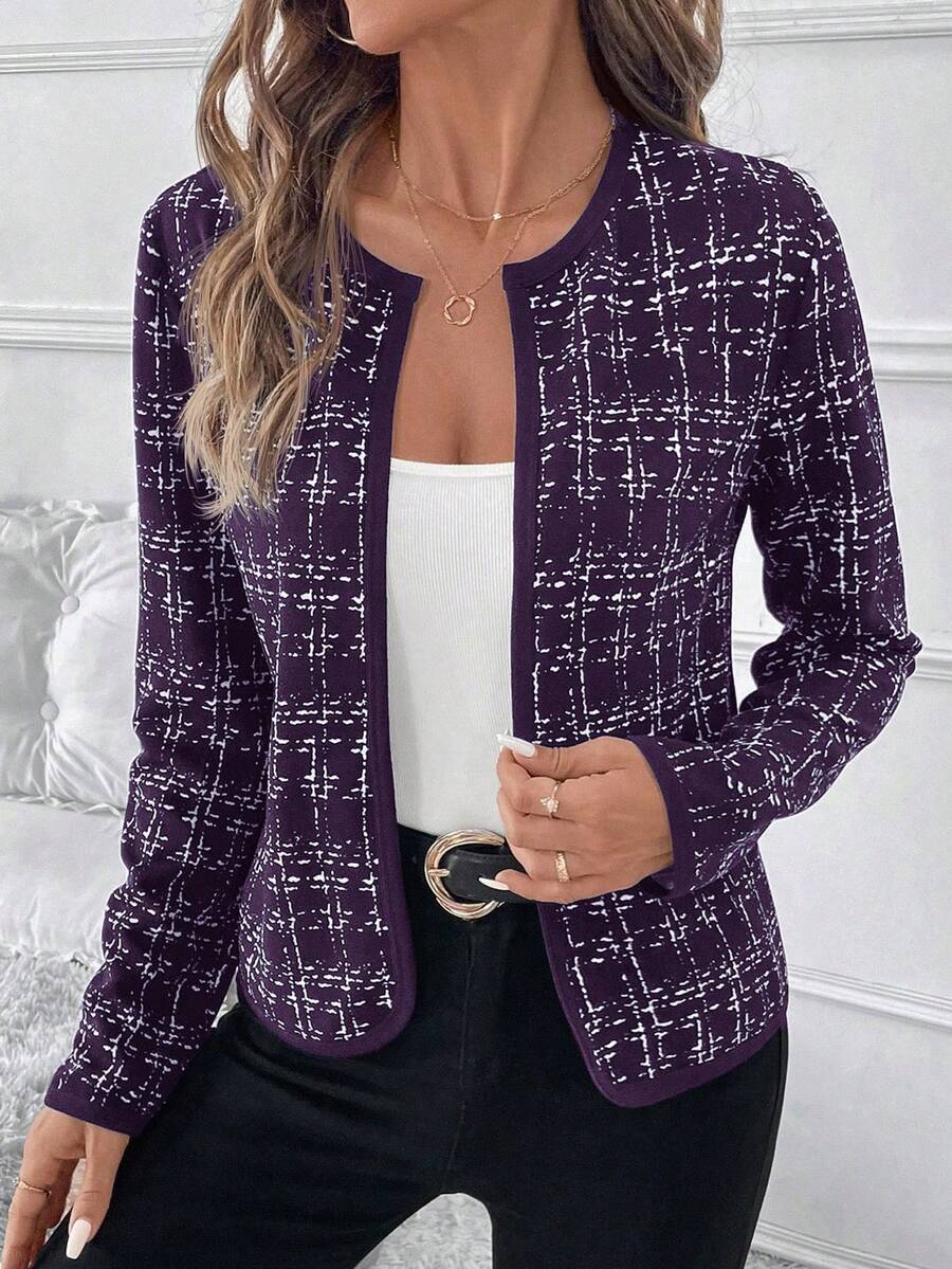 SHEIN Clasi 女士格子长袖开襟休闲外套，秋冬季百搭单品 - 紫色 - 查看 1