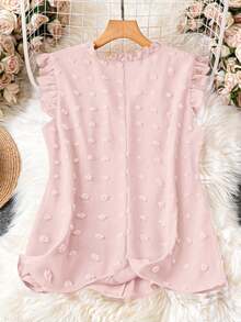 SHEIN LUNE 大码女式纯色荷叶边V领短袖休闲衬衫 - 淺粉色 - 查看 2