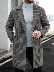 Manfinity Homme 男士纯色翻领单排扣休闲大衣，秋冬男士外套，男士长款灰色外套，男士灰色大衣，男士灰色开衫 - 深灰色 - 查看 6