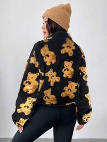 CovetEZ Cozy Women's Stand Collar Teddy Bear Print Half Placket Sweatshirt In Black Flannelette With Long Sleeves And Zipper Detail Fall Sweater Teddy Bear Print Jacket Fur Top Fuzzy Sweater Quarter Zip Sweater - Black - View 2