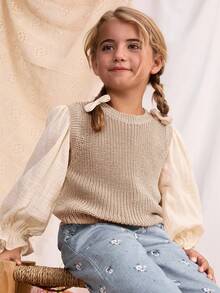 Blossori Young Girls' French Elegant Round Neck Knit Vest - Apricot - View 1