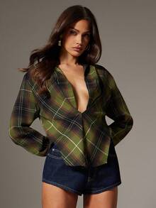 Denimoi Houndstooth Plaid Plunge Neck Collared Asymmetrical Hem Long Sleeve Shirt, Fashionable Blouse
