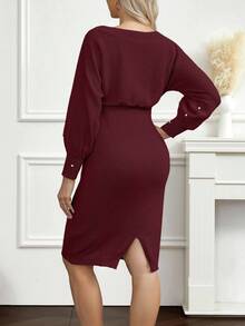 Cheriluna Maternity 优雅串珠装饰针织孕妇连衣裙，秋冬款 - 酒紅色 - 查看 2