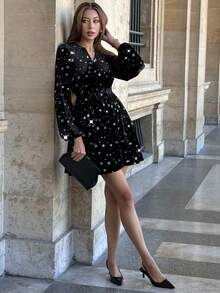 Chiquease Ins French Party Shiny Velvet Waist Belt Lantern Sleeve Women's Waist Cinching Dress, Christmas - Black - View 7