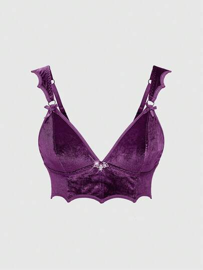 Soutien-gorge sans fil de style gothique en velours avec pendentif en métal en forme de chauve-souris et coupe triangulaire