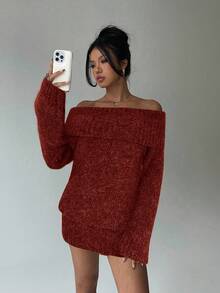 Aloruh Grey Off-Shoulder Turtleneck Long Sleeve Mini Dress, Loose Top Tight Bottom, Suitable For Young Ladies, Autumn/Winter - Burgundy - View 7