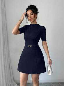 Robe noire élégante à col mao Elenzga, robe mi-manches évasée avec ceinture métallique pour femmes, en tissu texturé élastique de couleur unie, , ajustée, convenant pour le travail, les sorties décontractées, la rentrée scolaire, les tenues professionnelles d'enseignant - Bleu azur - Voir 1