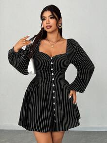 Elenzga Đầm thời trang tay đèn lồng cổ tim kẻ sọc cỡ lớn cho nữ - màu đen - Xem 6