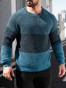 Manfinity Homme 男士长袖休闲撞色圆领套头毛衣，秋冬男士毛衣上衣蓝色毛衣套头衫 - 彩色 - 查看 6