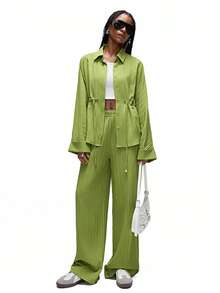 EMERY ROSE Set de 2 piezas: Camisa con botones ocultos, cintura con lazo y puños acampanados + Pantalones de pierna ancha con cintura elástica - Verde - Ver 5